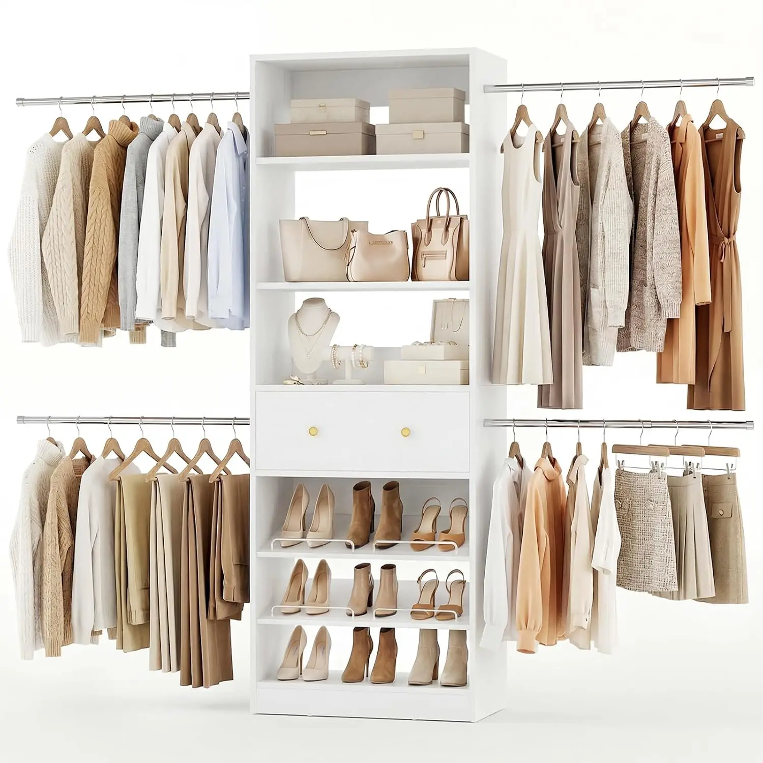Wood Closet Organizer Expandable Wardrobe with Drawer & 4 Hanging Rods Heavy Duty 1000Lbs Bedroom, Customized