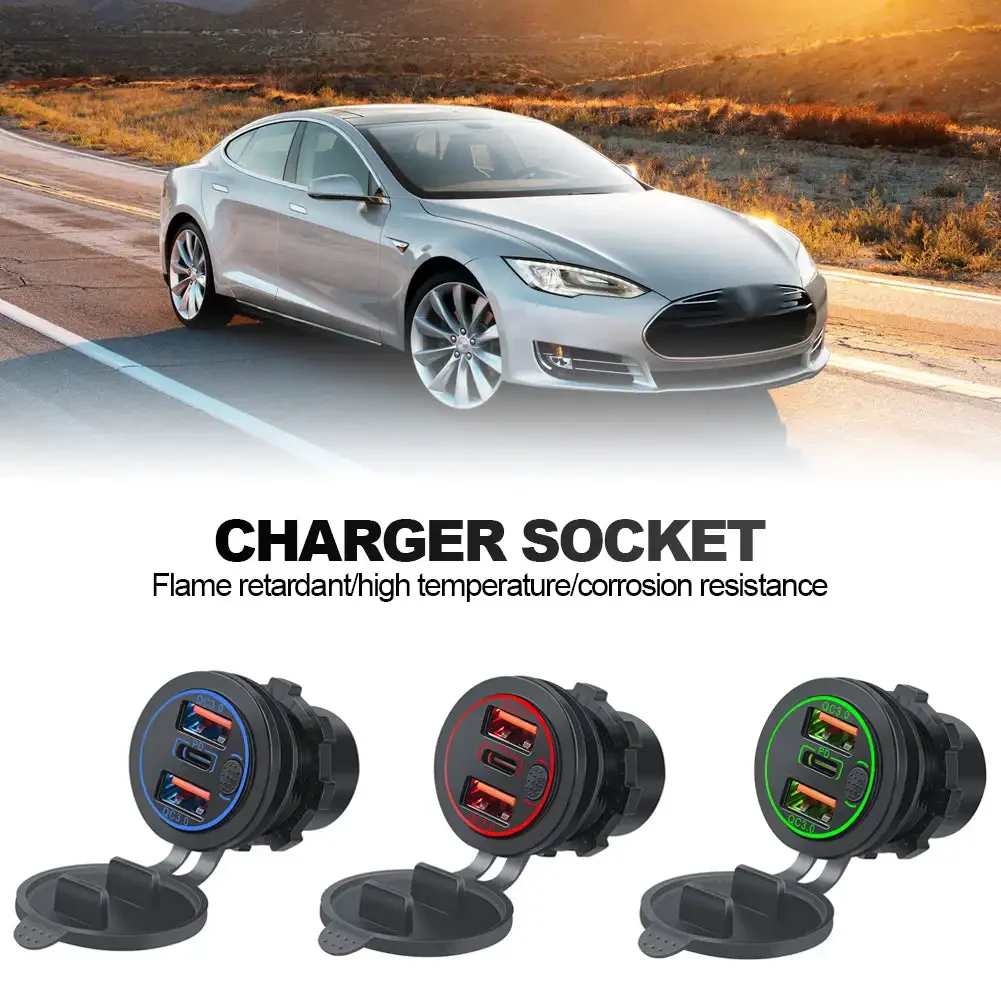 100W Dual QC 3.0 USB PD Type C Three Outlet Car Phone Cell Phone Charger Adapter with Button Switch Waterproof for Car Boat RV