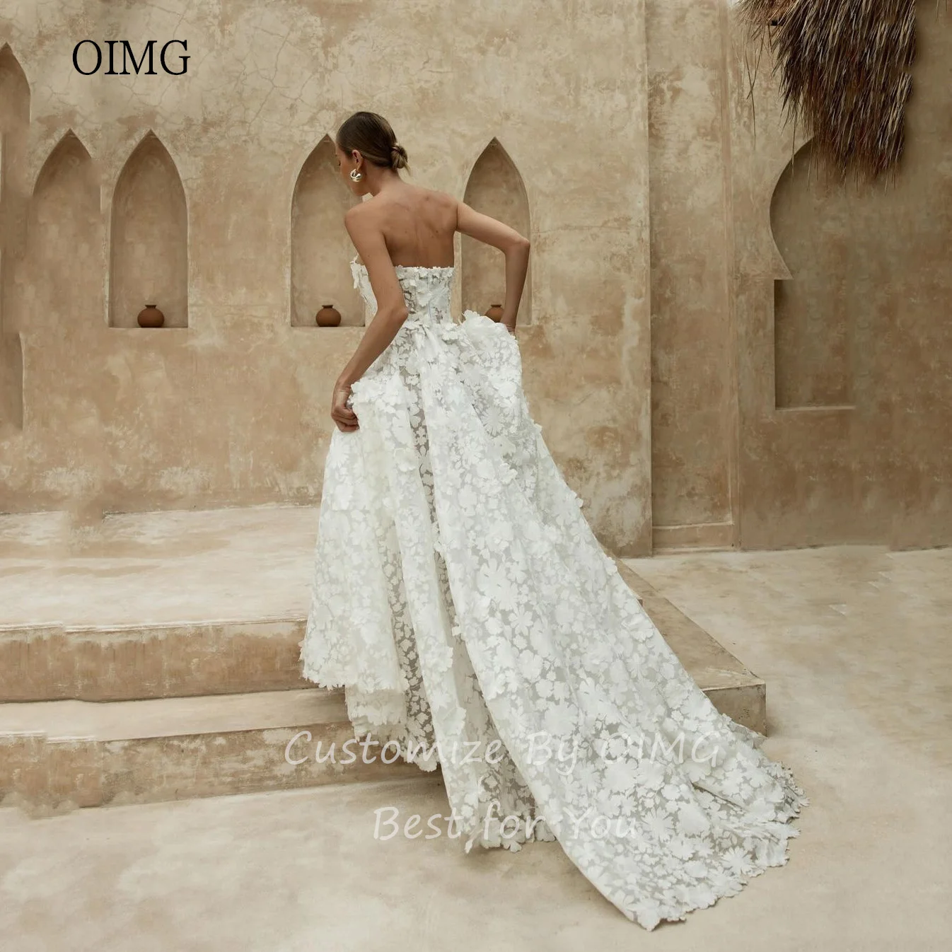 OIMG Luxury Avorio A Line Abito da sposa senza spalline Abiti da sposa in pizzo Lunghezza pavimento Abiti da sposa abiti para mujer Personalizzato