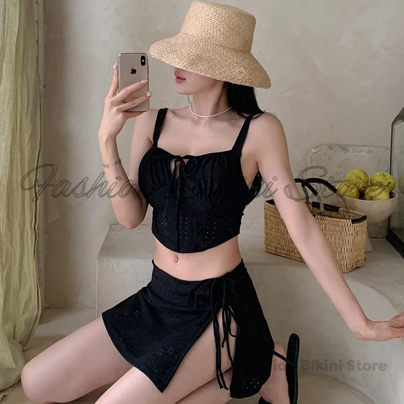 2026 New Red Short Strapless Dress Three-piece Set Slimming Swimwear Women Irregular Design Elegant Style Swimming Suit