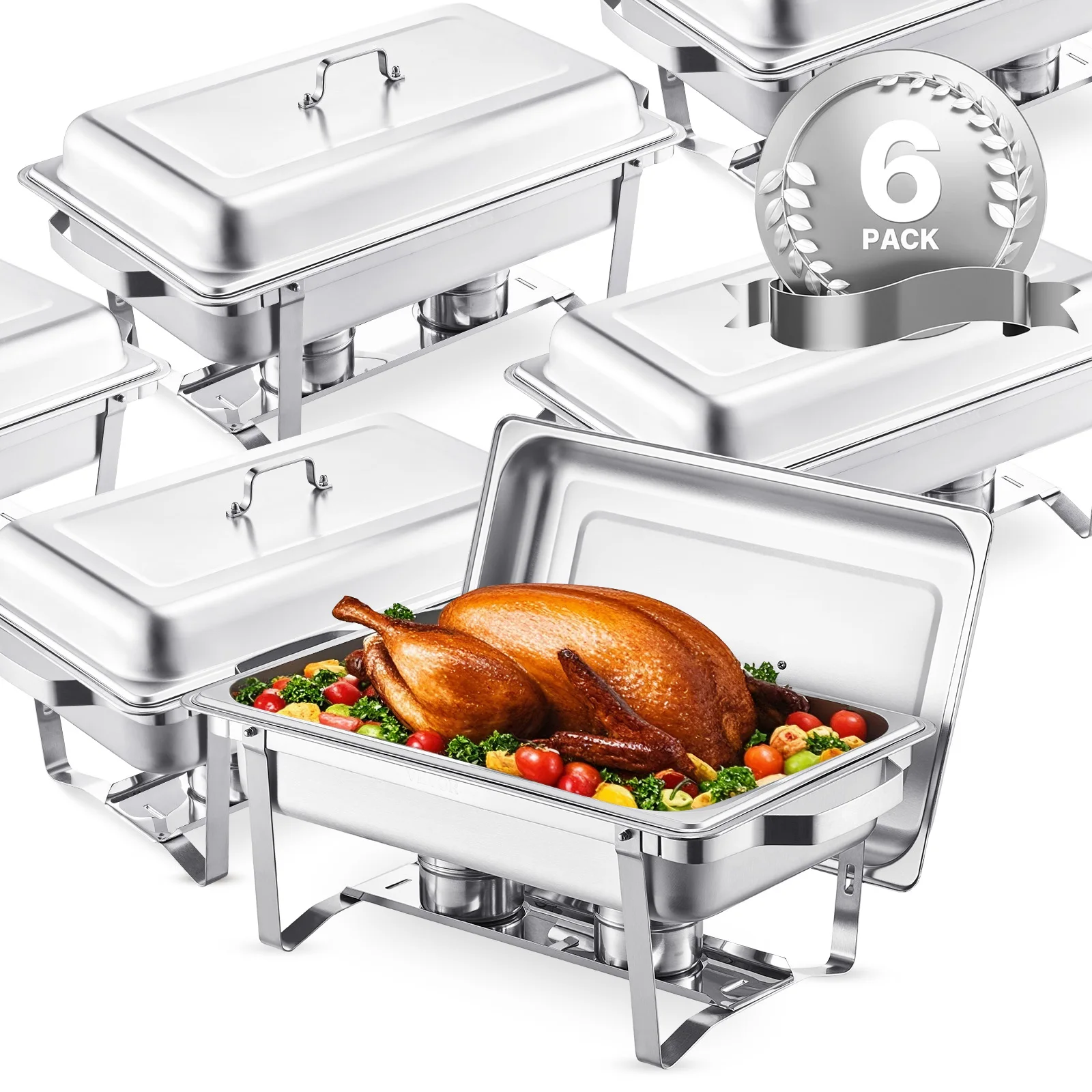 VEVOR Chafing Dish Buffet Edelstahl-Chafing Dish mit 6 Pfannen in voller Größe (7,5 L), rechteckiger Catering-Wärmespender mit Deckel & Wasserpfannenständer & Brennstoffhalter, für Partys, Silber