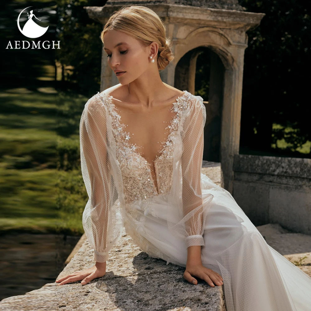 Aedmgh A-Line Chic Wedding Dresses O-Neck Long Puff Sleeve Vestido De Novia Lace Beaded Appliques Tulle Custom Made Bridal Gown