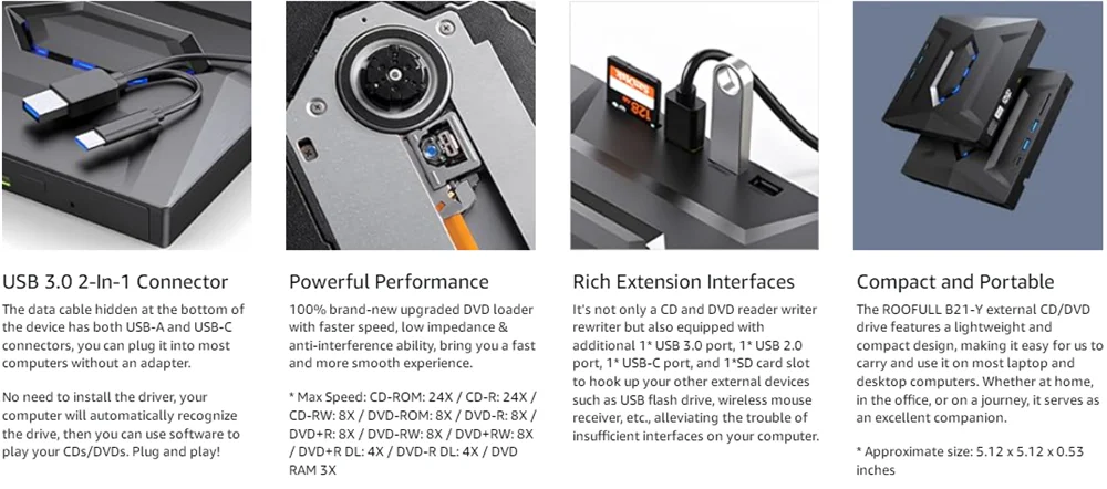 USB 3.0 Typ C Externes CD-DVD-Laufwerk mit USB HUB Typ-C SD-Kartenleser, CD DVD RW ROM Disk Player Brenner Leser Writer Adapter – Detail 5