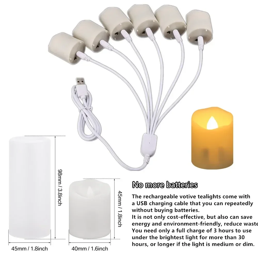 Velas sin llama recargables con pantalla LED parpadeante, luces de té eléctricas, temporizador, Cables de carga USB remotos, 6/24 piezas