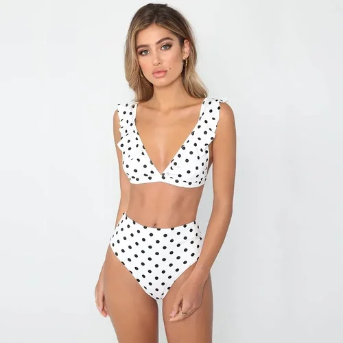 Imagen 2 del producto 2025 Bikini Sexy para Mujer, traje De baño con volantes De lunares, conjunto De Bikinis con escote en V profundo, traje De baño para playa, Trajes De Bano para Mujer