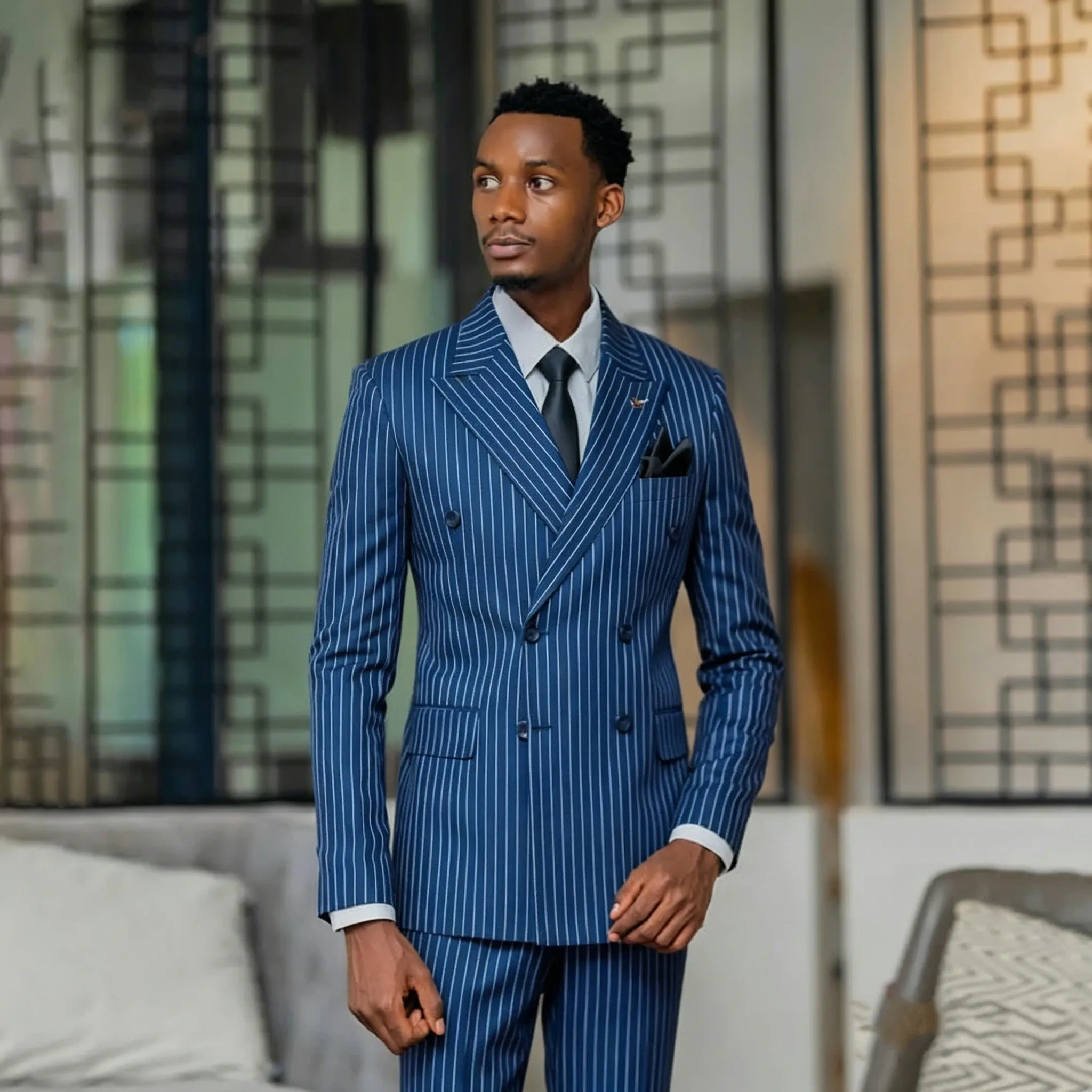 

Blue Stripe Men Suits Double Breasted Peaked Lapel Formal Business Wedding Groom Casual Custom Male Clothing 2 Pcs Jacket Pants