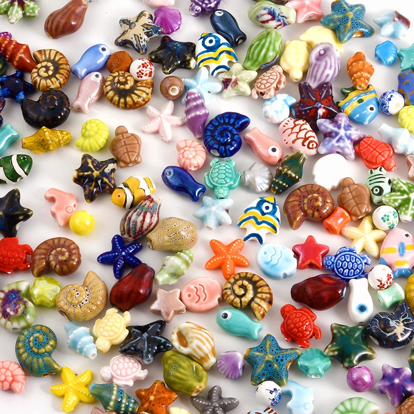 5/10Pcs Mix Styles Marine Life Ceramic Clownfish Tropical Fish Beads DIY Kawaii Conch Shell Turtle Breloques Bijoux Jewelry Bulk