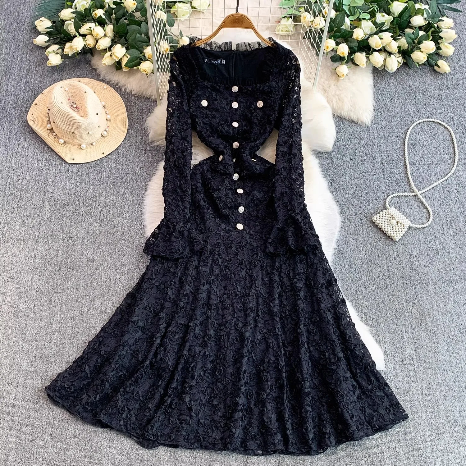 Robe de soirée formelle de luxe en dentelle 3D, motif floral, simple boutonnage, manches longues évasées, ligne a, robes de soirée, automne