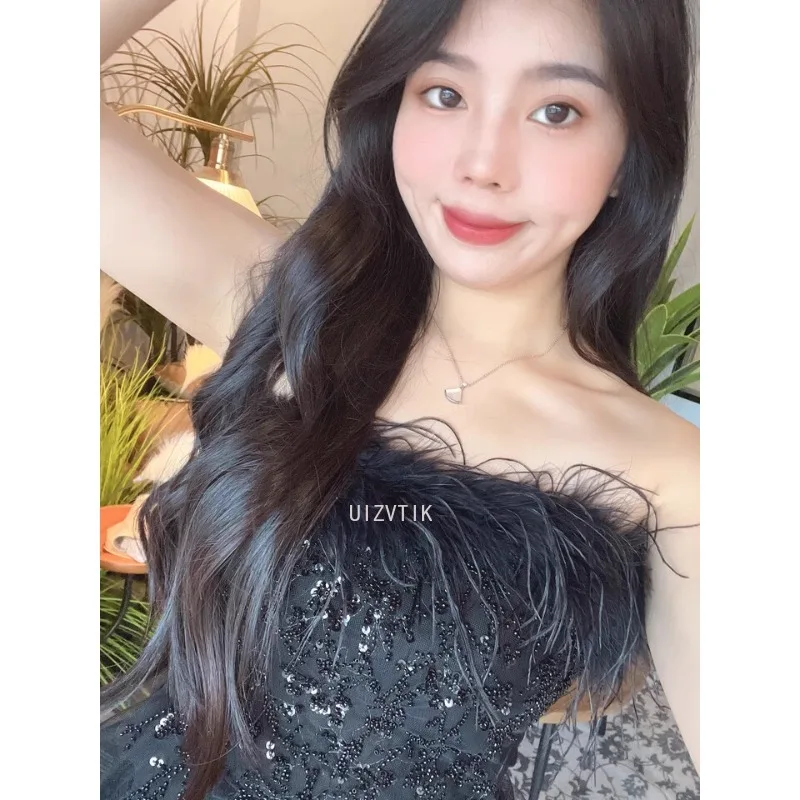 Женские вечерние платья, модное короткое и длинное платье для выпускного вечера спереди, черное простое свадебное платье без бретелек с блестками и перьями