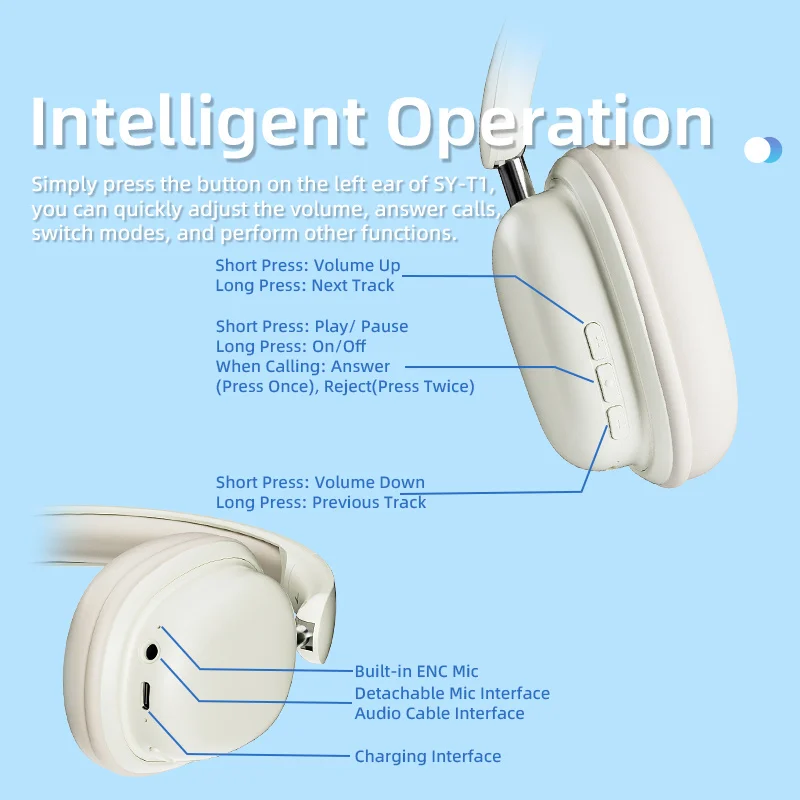 سماعات بلوتوث لاسلكية قابلة للطي ، والحد من الضوضاء ، سماعة رأس ستيريو الموسيقى ، سماعة لعبة خفيفة الوزن ، ميكروفون قابل للتوصيل ، SY-T1 ، جديد