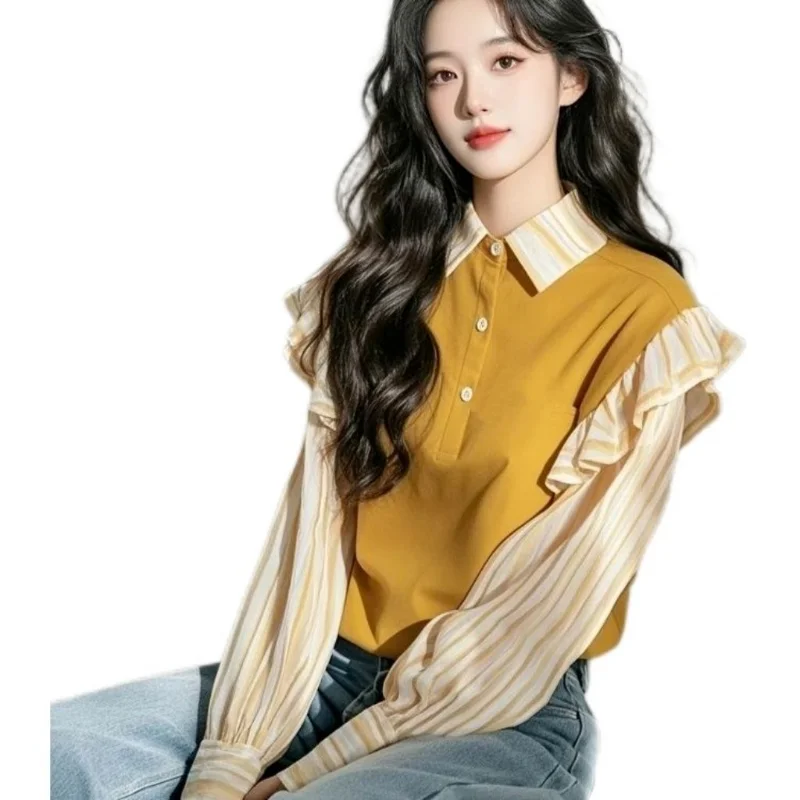 Gelb gestreiftes, kontrastfarbenes Spleißhemd für Damen im Frühjahr 2025, neues, gerüschtes, schickes, vielseitiges Oberteil im westlichen Stil