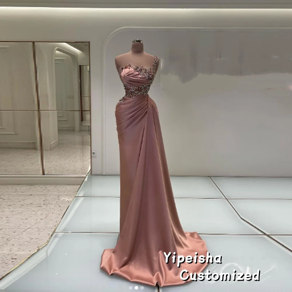

Customized Elegant Mermaid Prom Dresses Rhinestone One Shoulder Evening Gowns with Train Sleeveless Robes de soirée