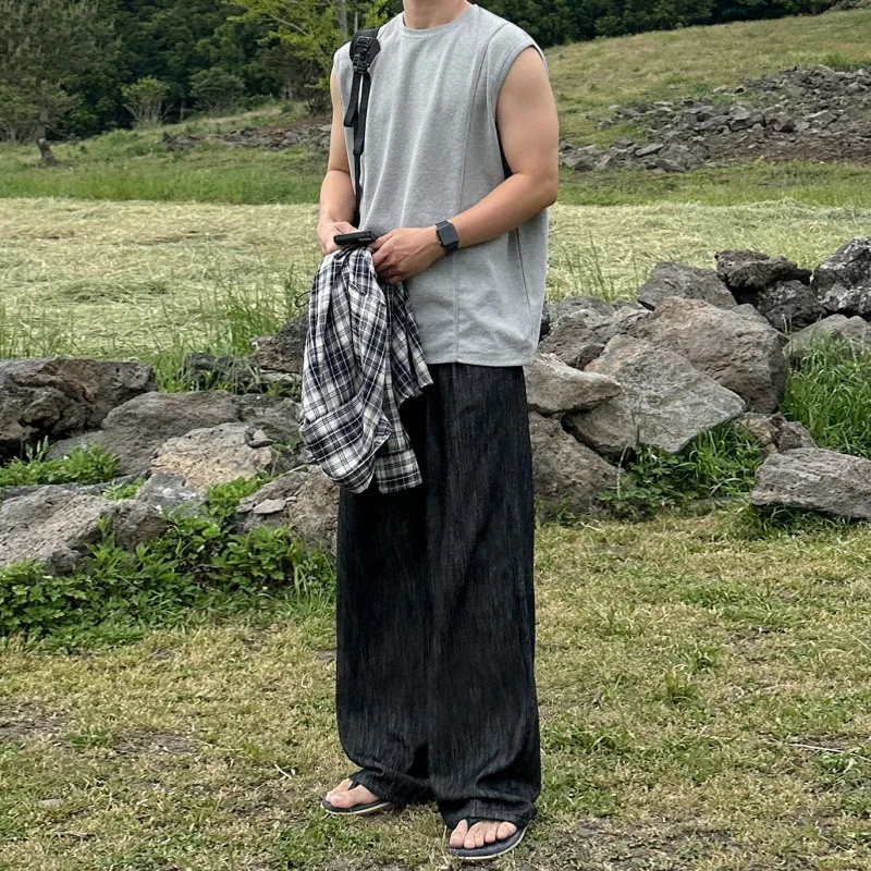 WTHT 패션 신상 남성 단색 루즈핏 캐주얼 팬츠 트렌디 한국 스타일 스트레이트 와이드 레그 트라우저 남성 2025 여름 2A1173