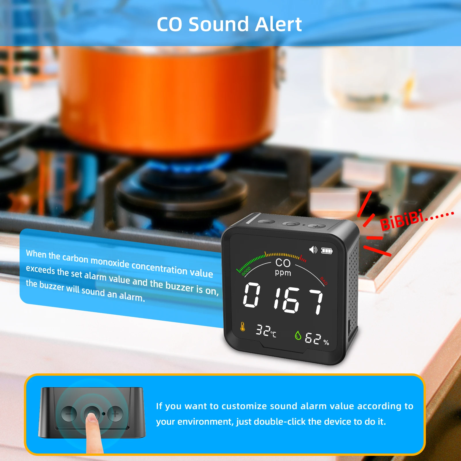 PROTMEX Carbon Monoxide Detector Gas Detector with Temperature and Humidity Sensor,Beep Alarm and CO Visualization Virtual Strip