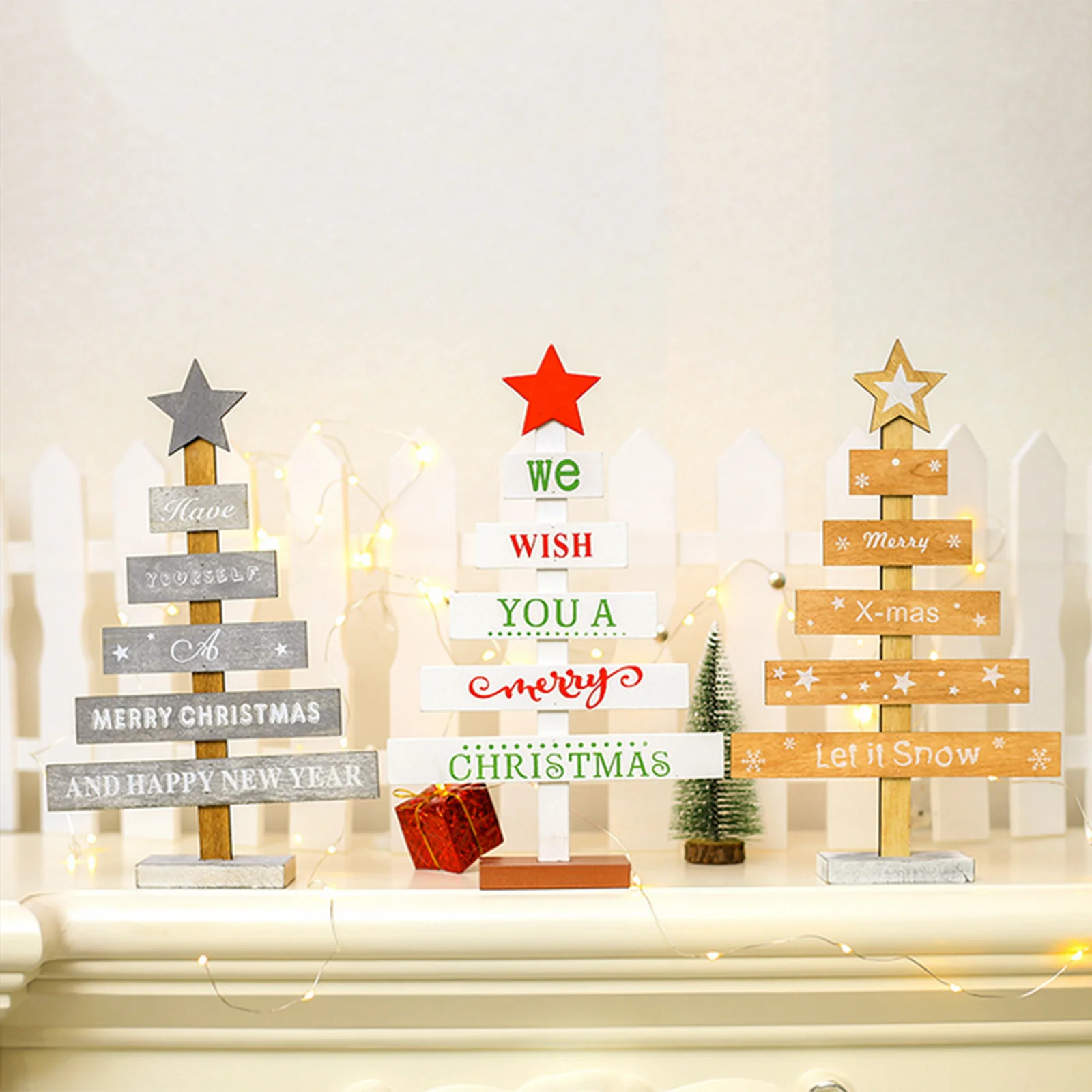 

Small Wooden Christmas Tree Ornament Painted Letter Pentagram Decoration for Home Desktop Elegant Christmas Party Decor