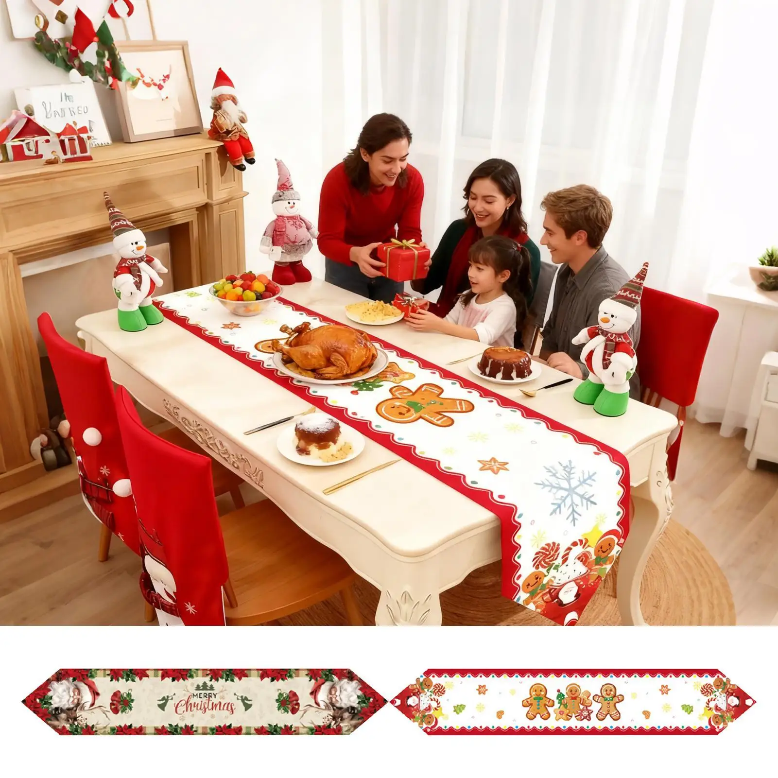 183cm Christmas Desktop Decorative Table Flag Gingerbread Man Santa Claus Retro Cute Tablecloth Red & White Holiday Table Runner