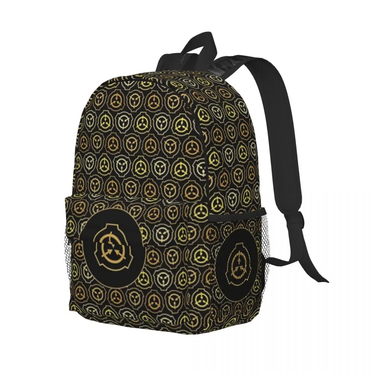 SCP Foundation Padrão de logotipo dourado novo padrão elegante bolsa escolar estampada mochila leve de 15 polegadas