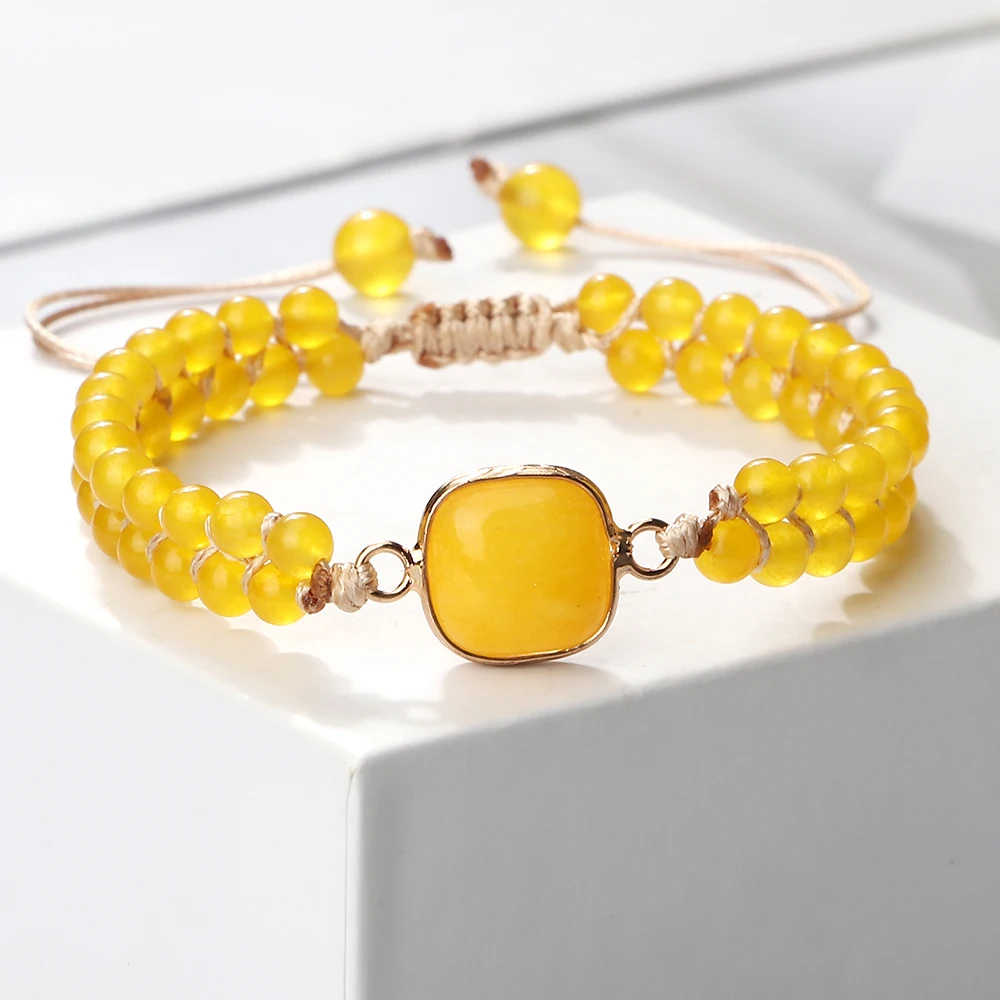 Natural Stone Pendant Bracelet Round Square Yellow Chalcedony 4mm Bead Braided Rope Fashion Charm Bangles For Woman Man Jewelry