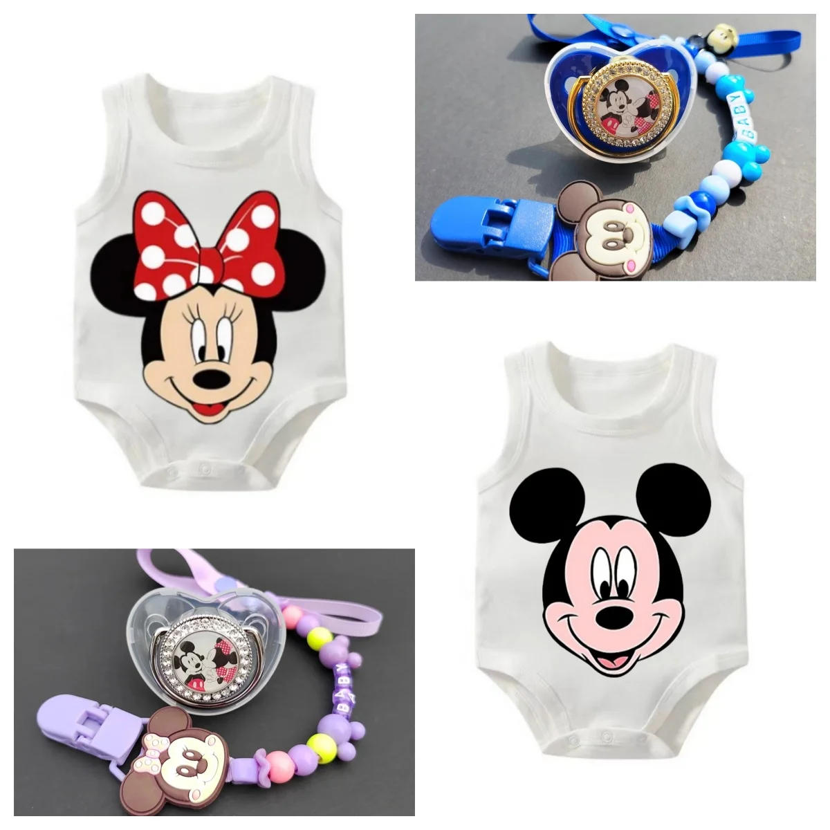 2024 Mickey Mouse pacifier and clamp-chain baby crawler pants Teeglue BPA-free silicone baby products Baby bath gift chupes bebe