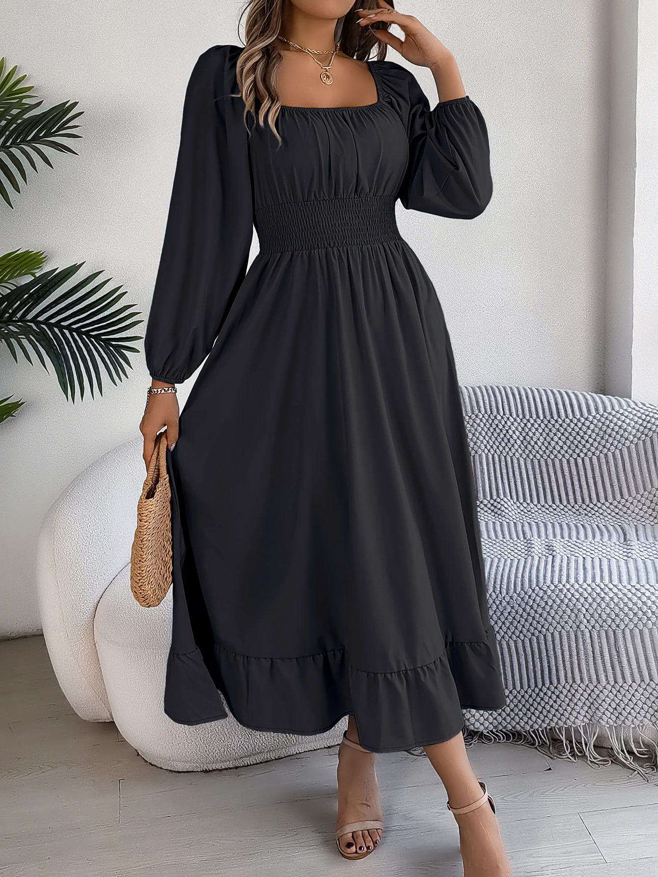 Women Spring Autumn Casual Square Neck Long Sleeve Ruched Waist Ruffle Hem Solid Color Midi Dress Beach Vacation Party Gown
