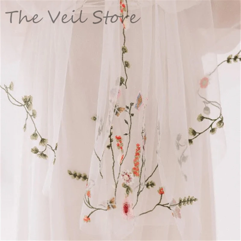 Embroidered Wild Flowers Secret Garden Floral Bridal Wedding Veils Cathedral Long With Comb White Ivory Tulle Red Green Leaves