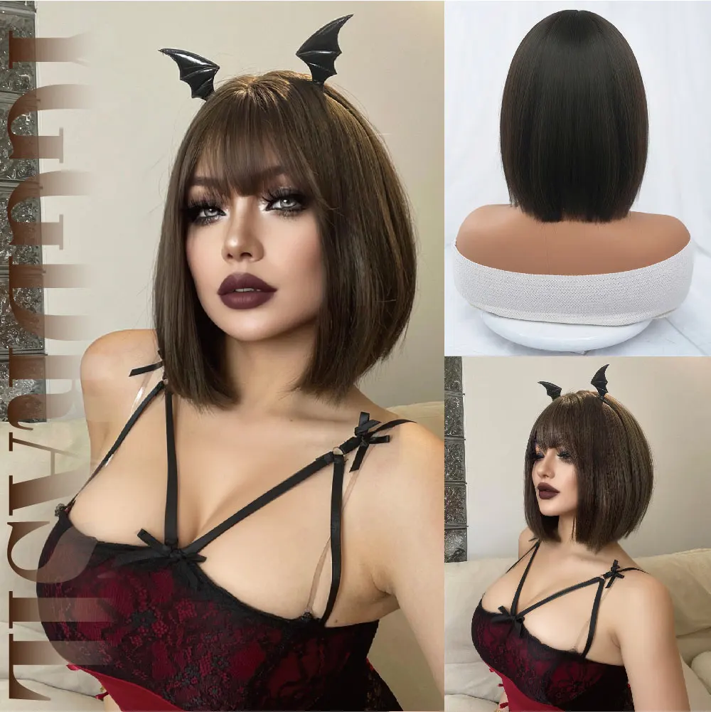 

12Inch Halloween Little Devil Cool Brown Synthetic Wigs with Bangs Short Length Straight Hair Wig for Women Party Heat Resistant