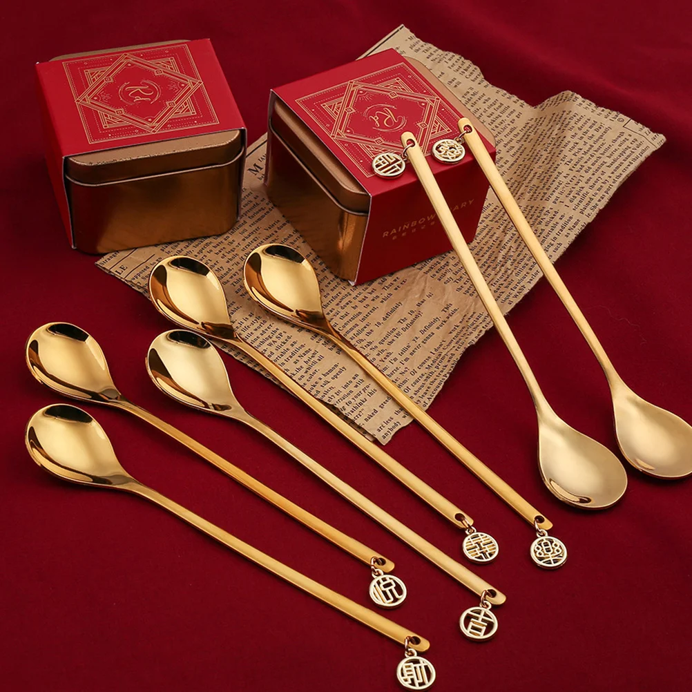 

8pcs Chinese Style Stainless Steel Spoons Coffee Scoop Set For Tea Sugar Condiments Mixing Stirring Ice Cream Dessert