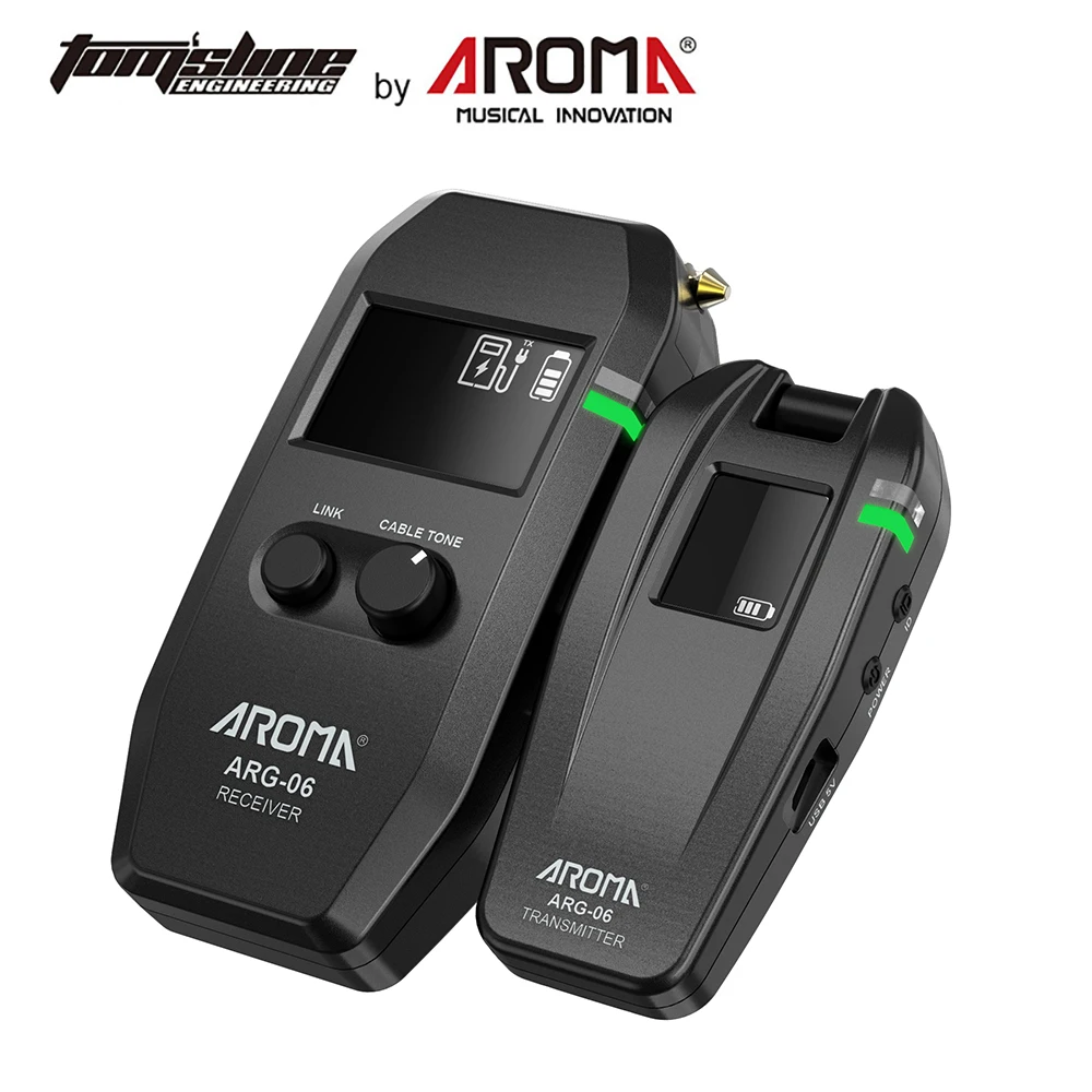 

AROMA ARG-06 Guitar Wireless Transmisster & Receiver Range Built-in Battery Supports 6.35mm Plug 4 Channels Max. 35m Effective