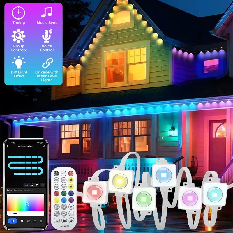 200FT 120LED Permanent Outdoor Eaves LED Lights Waterproof RGB String Lights DIY Scene Christmas Birthday Holiday Party Lighting