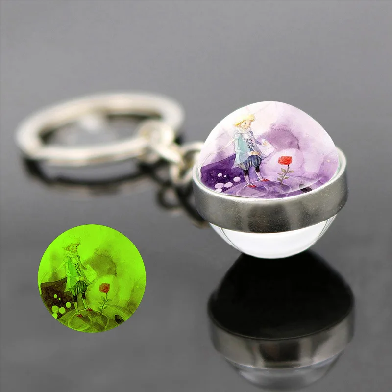 Little Prince Fox Keychain  Luminous Alien Planet Dream Garden Double Sided Glass Ball Pendant Car Bag Decoration Key Chain Gift