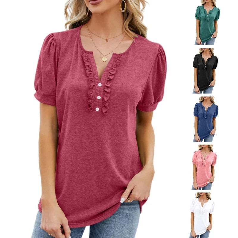 

50JB Casual V Neck Women's Top with Short Sleeves Summer Blouses Loose Shirts