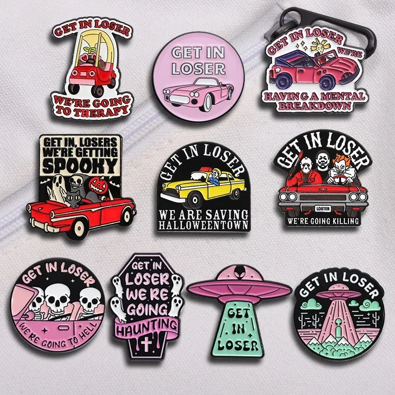 Get In Loser We Are Saving Halloween Town Enamel Pins Mental Breakdown Horror Spooky Car Brooch Lapel Badge Punk Jewelry Gifts