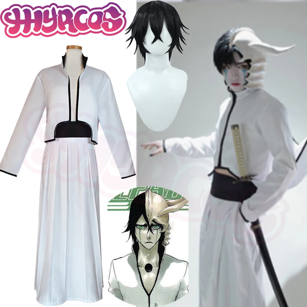 Disfraz de Cosplay de Anime Bleach Ulquiorra, casco Ulquiorra, máscaras, pelucas, pelos, Kimono blanco (chaqueta + pantalones + cinturón) Kendo C