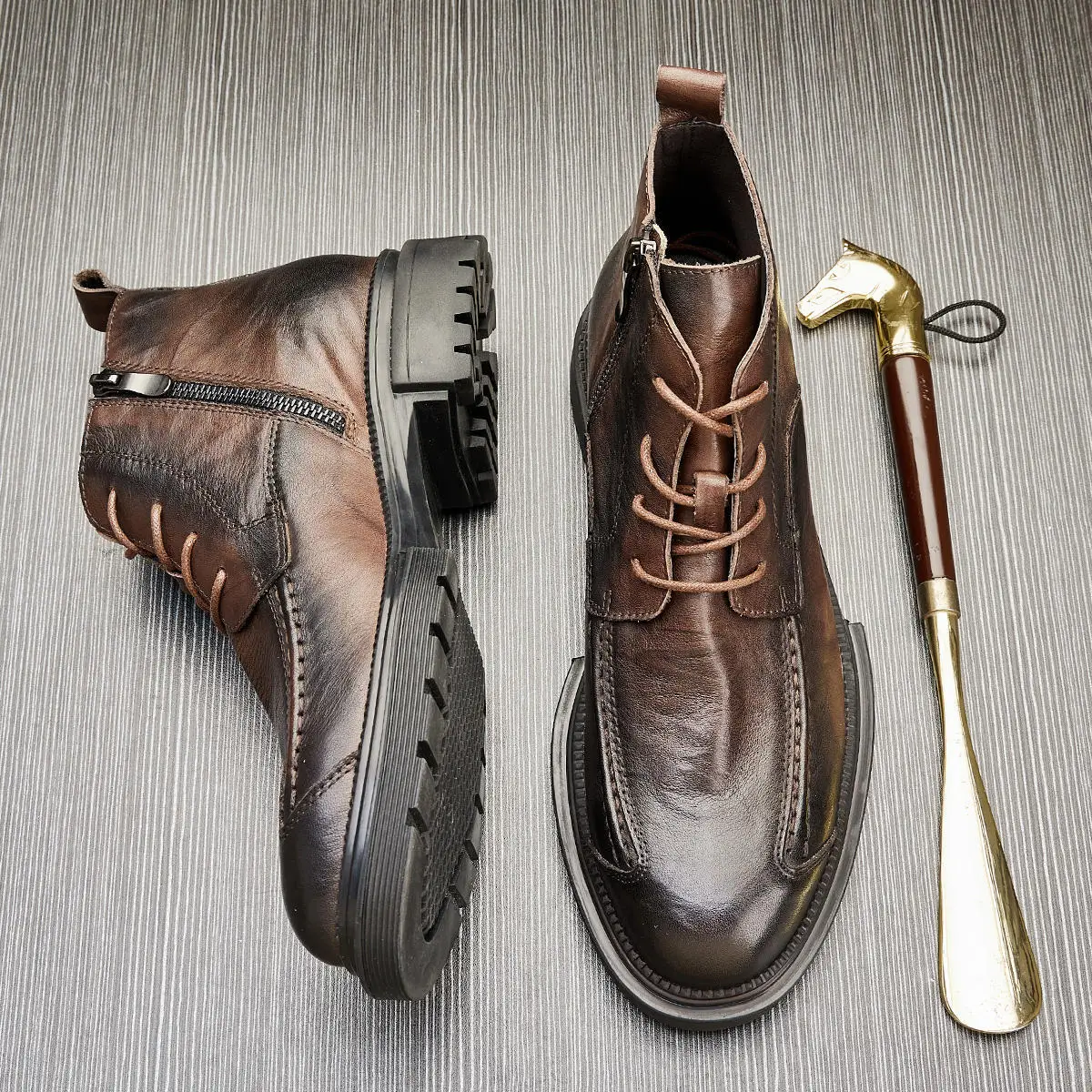 Men High Top Motorcycle Boots Retro Thick Sole Side Zip Casual Comfort Lace Up Non-Slip Business Formal Shoes Botas Masculino