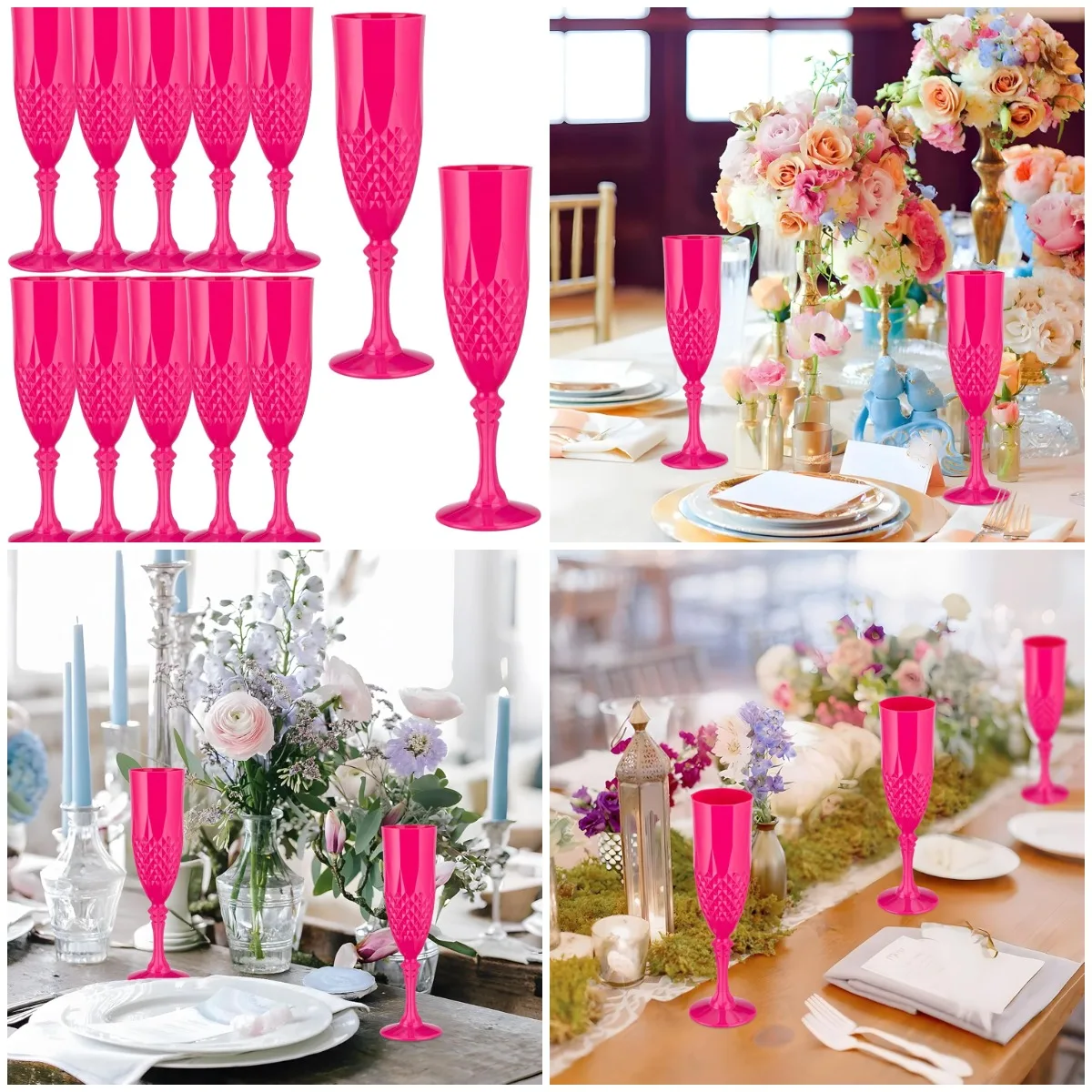 

Pink Plastic Champagne Flutes, 12-Piece Shatterproof Stemmed Glasses for Weddings, Toasting & Parties