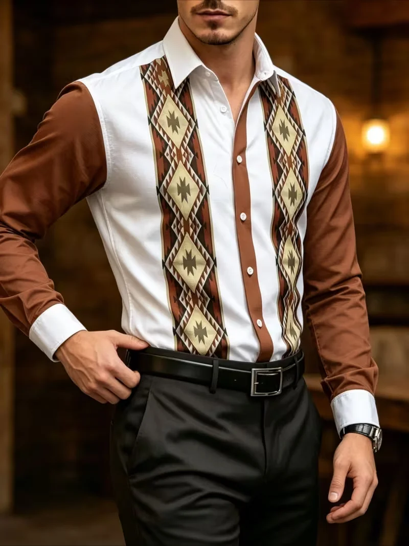 New white brown patchwork western geometric diamond patterned long sleeved shirt, retro men's casual workwear shirt
