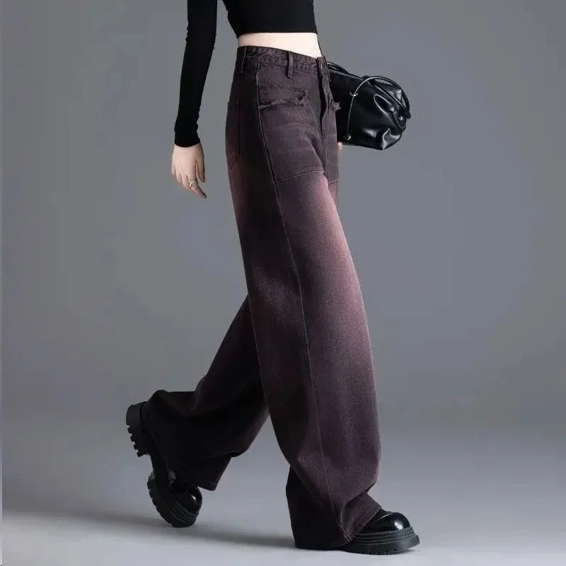 กางเกงยีนส์ทรงหลวมสไตล์เกาหลี เอวสูง ขาบาน สำหรับผู้หญิง แฟชั่นฤดูใบไม้ร่วงและฤดูหนาว