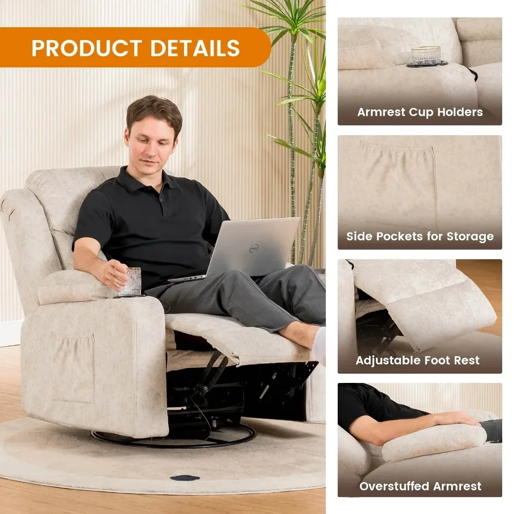 Plush Fabric Swivel Rocker Recliner with Heat, Massage, and Adjustable Footrest, White