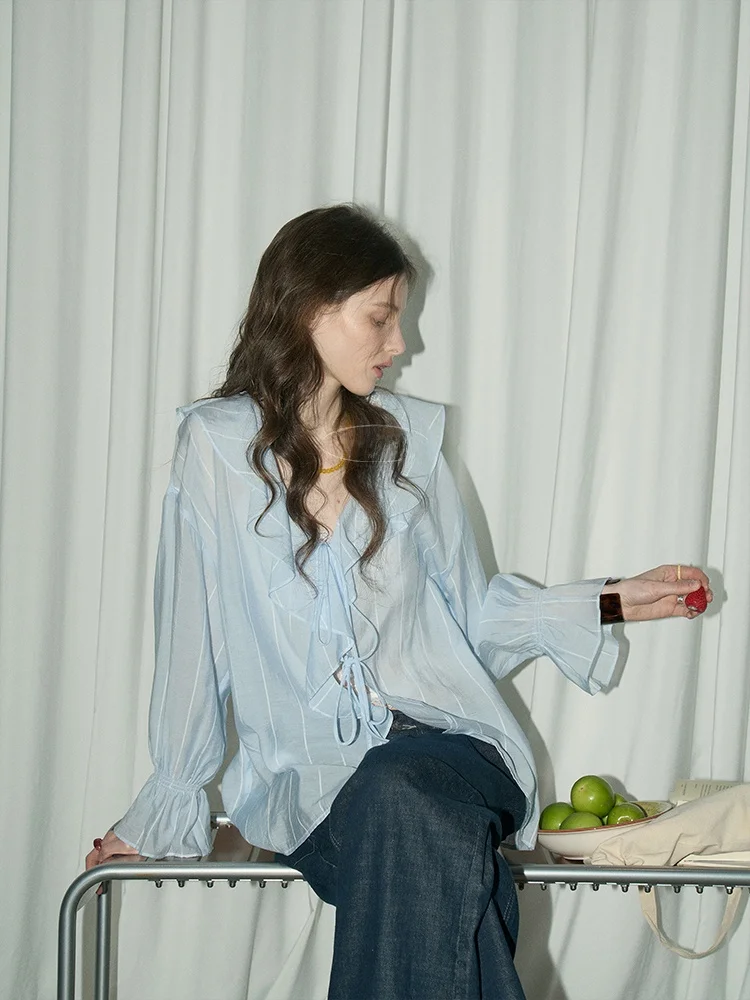 

Relez женская летняя новая свободная повседневная блузка с v-образным вырезом и поясом, женская блузка Ele Long Sve Faion