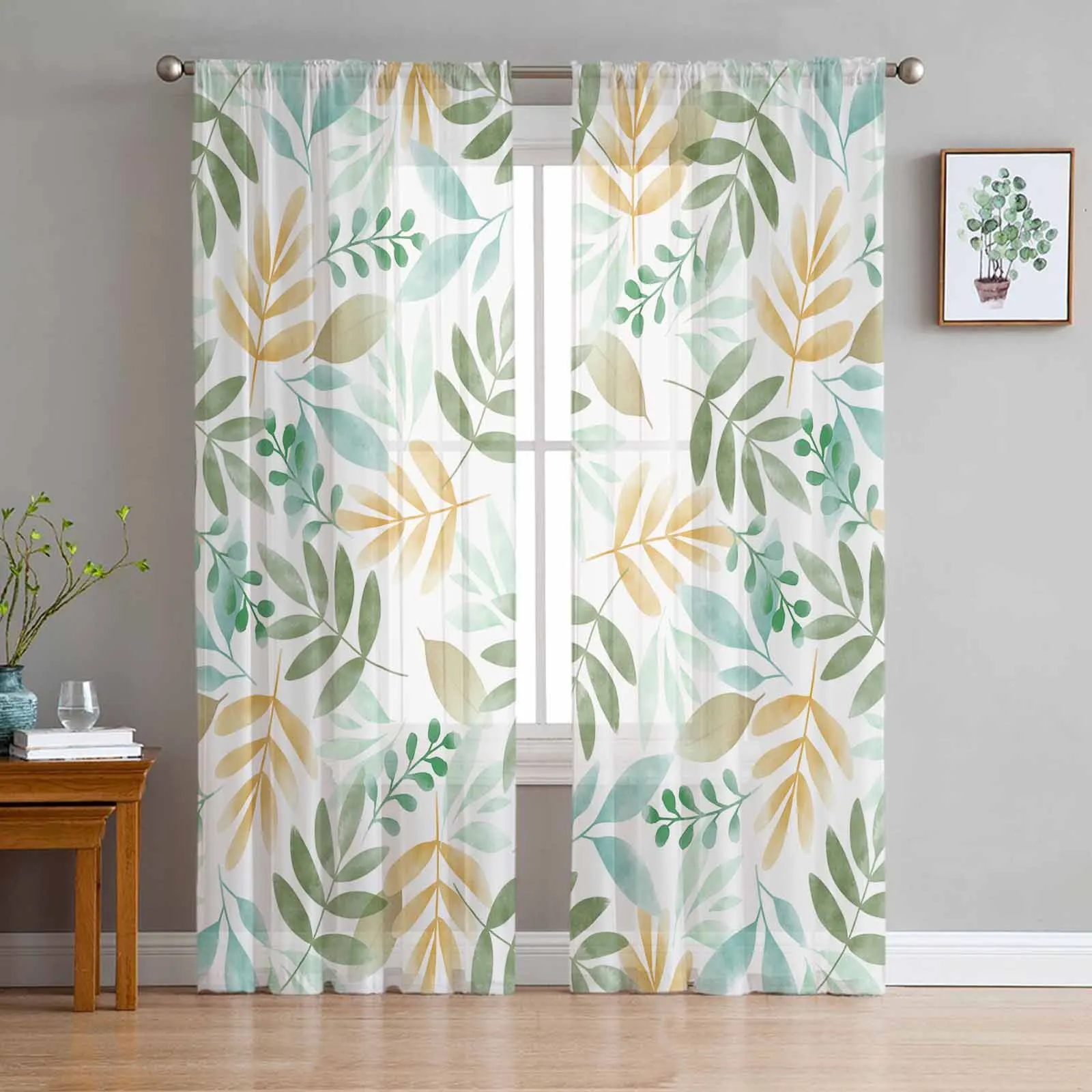 Plant Tea Green Forest Green Leaves Watercolor Rural Sheer Curtain Living Room Drapes Home Voile Curtain Tulle Window Curtain