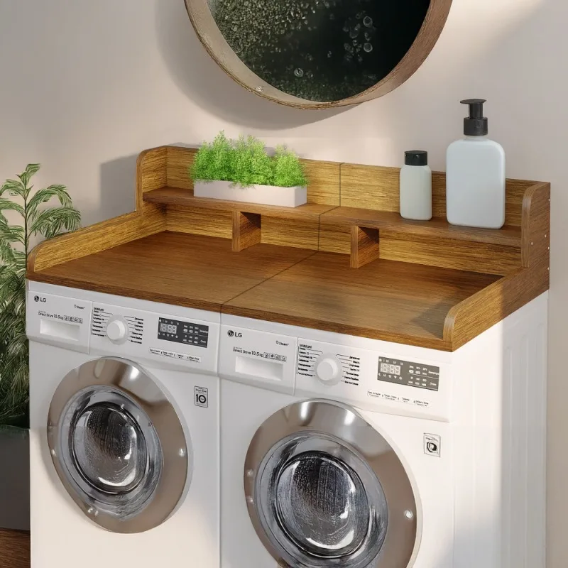 Encimera de lavandería de madera rústica sobre lavadora secadora con estantes de almacenamiento organizador de lavandería para ropa plegable