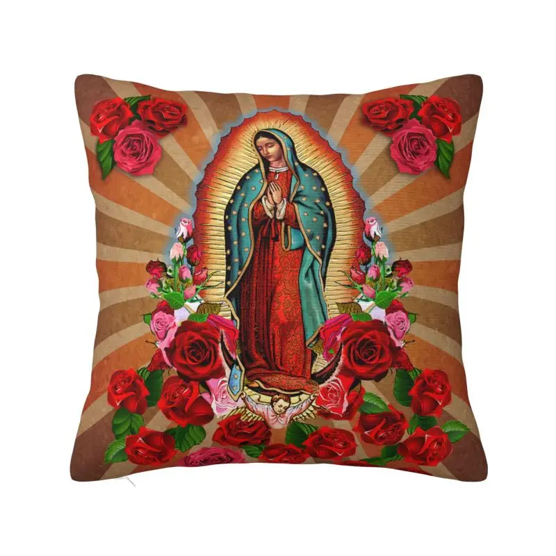 Custom Luxury Virgin Of Guadalupe With Roses Cushion Cover Velvet Pillow Case