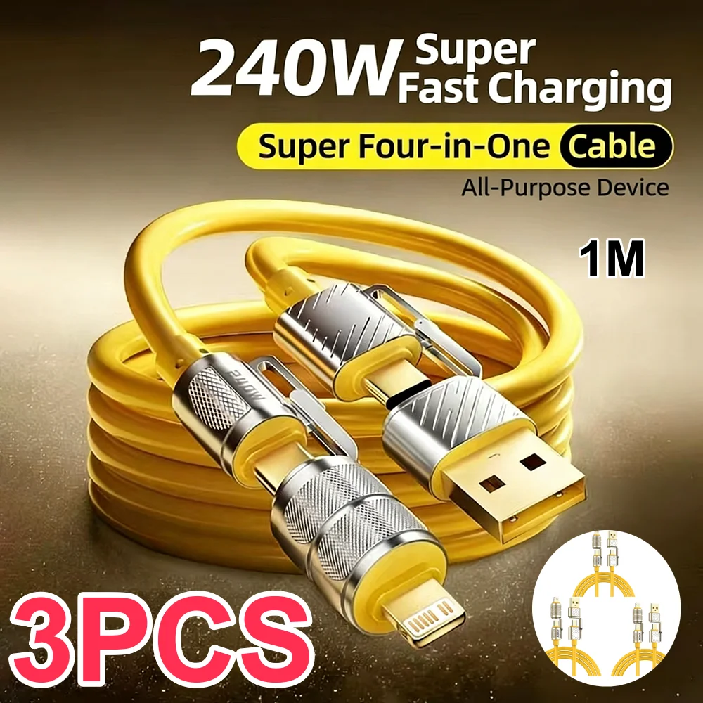 1/3PCS 240W 4-in-1 Fast Charging Data Cable Type-C To Type-C Zinc Alloy Cable For iPhone15/16p Samsung Huawei Xiaomi