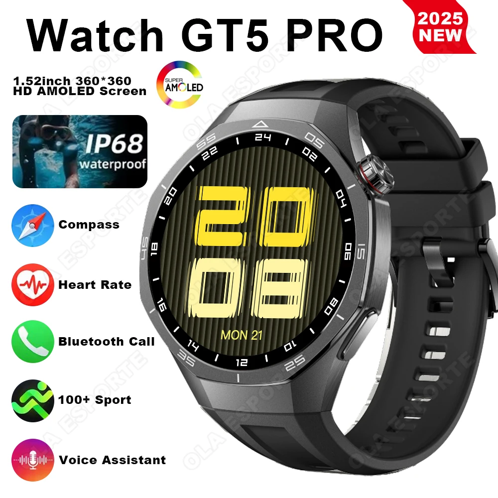 

Smart Watch GT5 Pro IP68 Waterproof 1.52" AMOLED Screen Wireless Call Compass Heart Rate Monitoring Smartwatch 100+Sports Modes