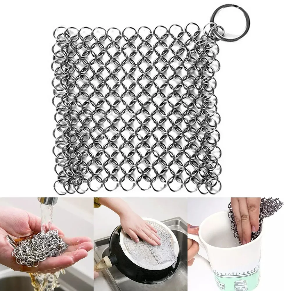 Roestvrij staal gietijzeren reiniger Chain Mail Scrubber Brush Pan Net Home Cookware Kitchen Tool Clean Accessoires