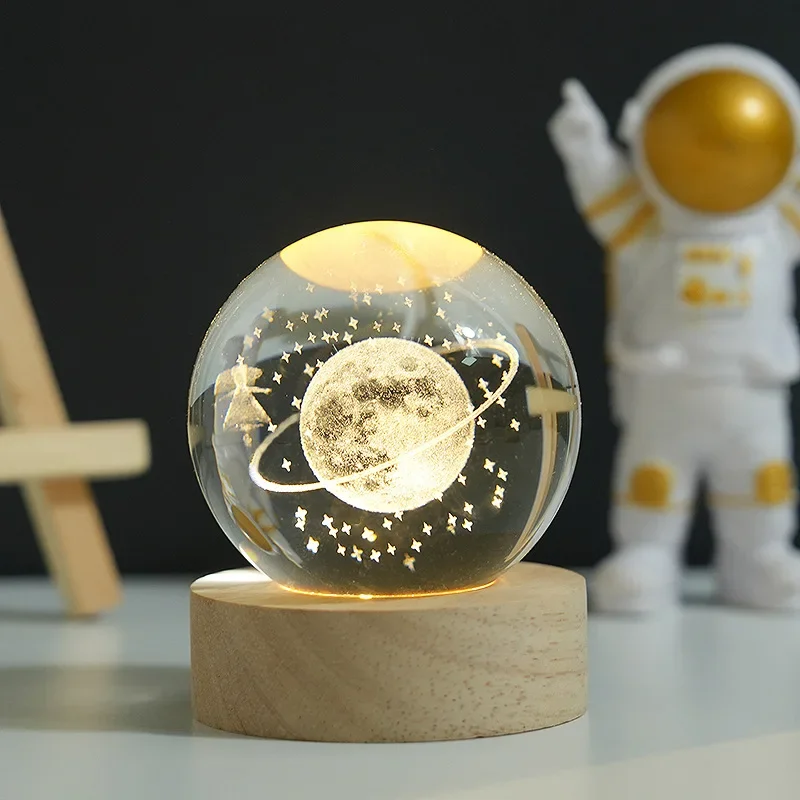 Boule de cristal 3D, base sculptée en bois, ballon système solaire, veilleuse planétaire, cadeau d'anniversaire, décoration de bureau pour la maison