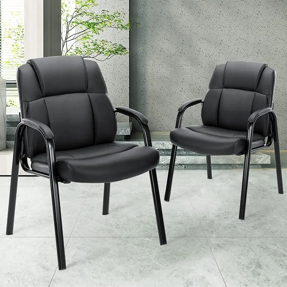 Leather Waiting Room Chairs with Padded Arms Set of 2 - Executive Office Reception Guest Chair No Wheels for Conference Room