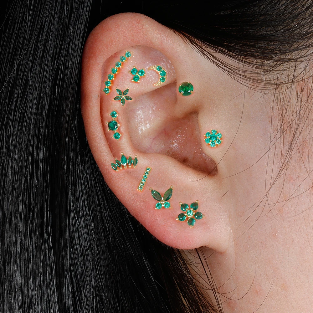 Fashion Green Zircon Stainless Steel Minimal Stud Earrings Small Helix Tragus Cartilage Cross Heart Earring Piercing Jewelry 1pc