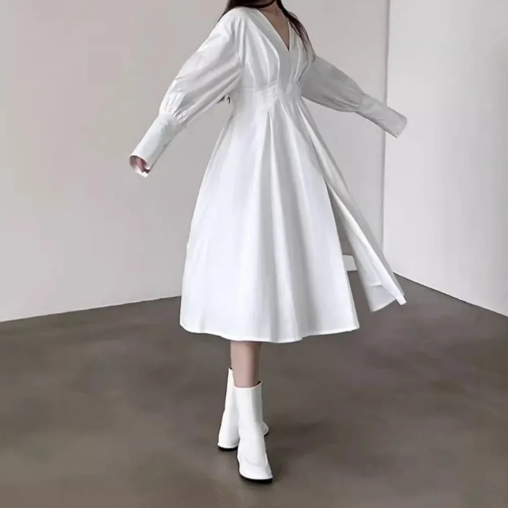 Kuzuwata Solid V Neck Long Sleeve Mid-length Dress Vintage Loose Waist Slim Pullover Soft Robe Japanese Casual Cotton Vestidos