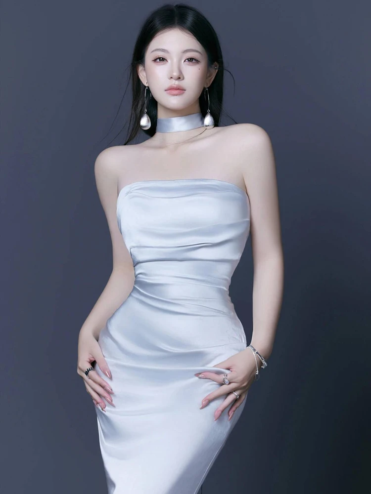 

Синее атласное платье: простое, элегантное, для фотосессий в студии, модное, премиум-класса, женская одежда, сценический костюм